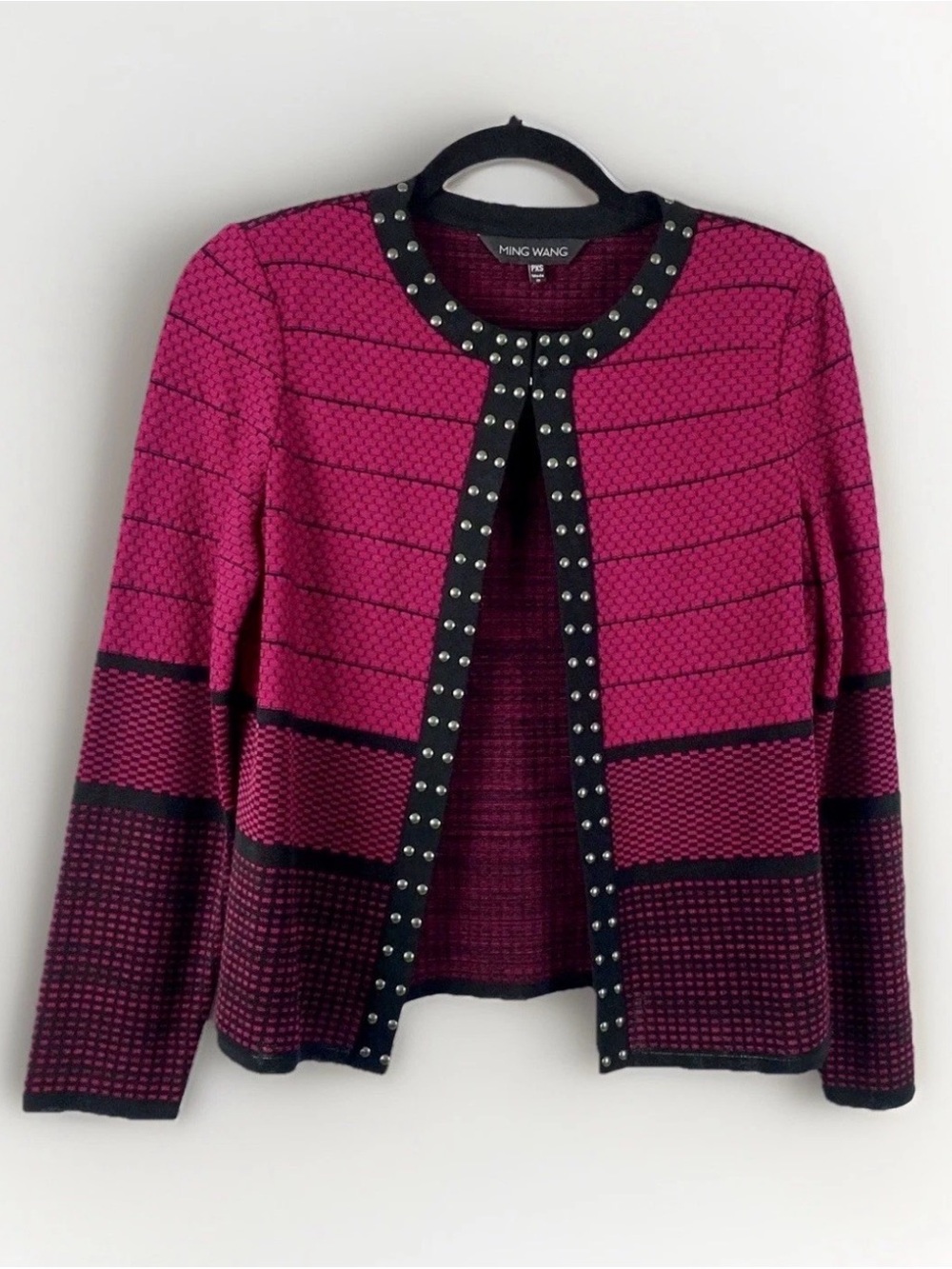 Ming Wang Textured Knit Jacket Sweater  Fuchsia Black Striped Stud Trim Luxury S